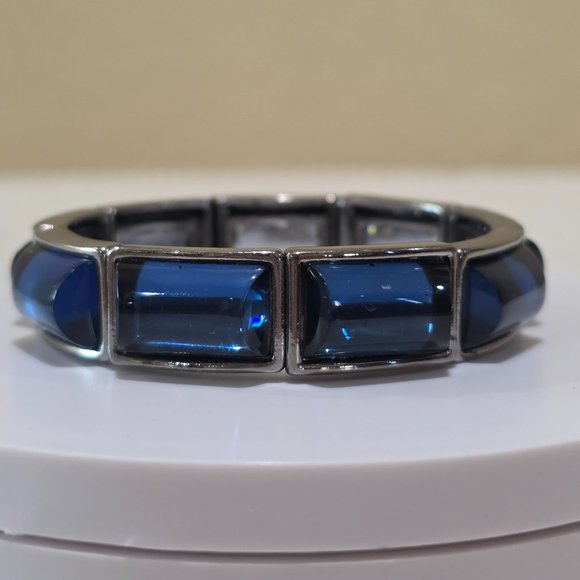 Navy Blue Dome Stones Charcoal Gray Link Stretch Modern Fashion Bracelet - Picture 1 of 12